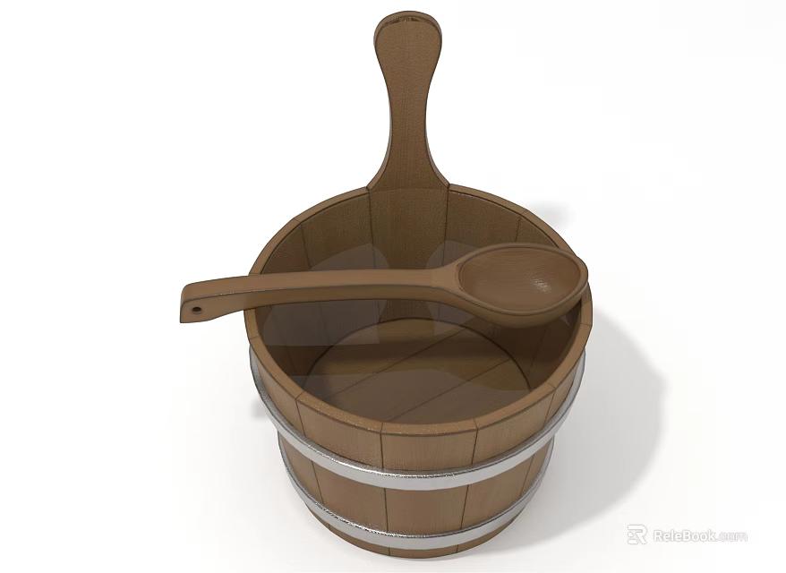 Wooden Washing Bucket With Matching Wooden Scoop For Household Cleaning Supplies 3d model 