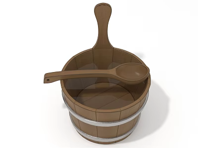 Wooden Washing Bucket With Matching Wooden Scoop For Household Cleaning Supplies 3d model