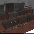 Stainless Steel Commercial Kitchen Equipment with Refrigerators Display Cabinets and Worktables on Red Tiled Floor