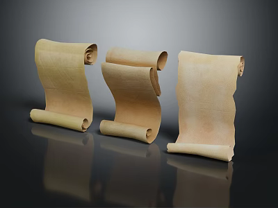 Three Aged Parchment Scrolls On Reflective Dark Surface Display Classic Ancient Style 3d model