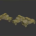 Three Metal Model Tanks With Wheels And Round Turrets On Dark Reflective Surface