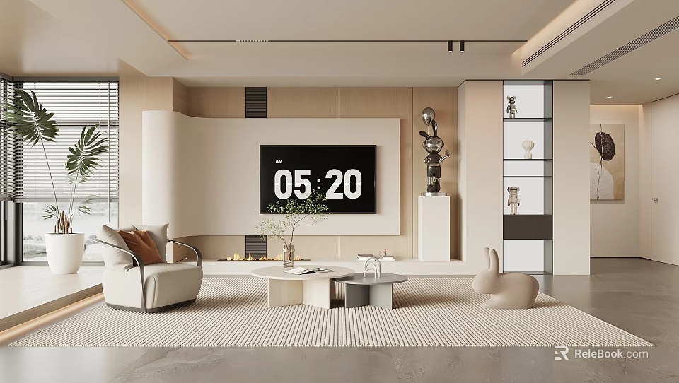 Modern Living Room Interior With Sofa Coffee Table TV Rug And Decorative Sculpture 3d model 