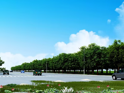 Urban Road Infrastructure With Multiple Lanes Street Lights And Green Trees 3d model