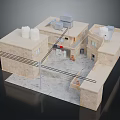 Cartoon Scene With Traditional Style Buildings Courtyard Detailed Roofs Pathways And Small Windows