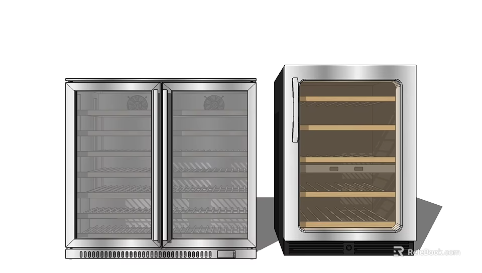 Modern Kitchen With Stainless Steel Glass Door Refrigeration Units And Storage Shelves 3d model 