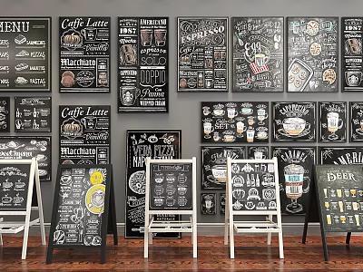 Café Chalkboard Menus with Handwritten Drinks and Food Displayed on Wall and Easels 3d model