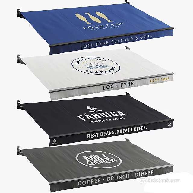 Custom Commercial Awnings Featuring Brand Logos and Text Designs in Various Colors 3d model 