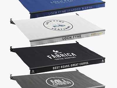 Custom Commercial Awnings Featuring Brand Logos and Text Designs in Various Colors 3d model