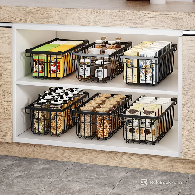 Organized Food Storage In Kitchen Cabinet Using Baskets For Various Foods 3d model