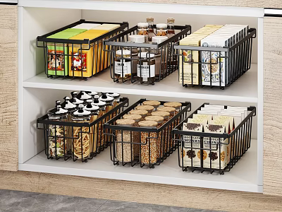 Organized Food Storage In Kitchen Cabinet Using Baskets For Various Foods 3d model