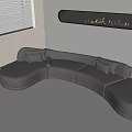 Black Curved Sectional Sofa In Modern Interior With Blinds And Decorative Lighting