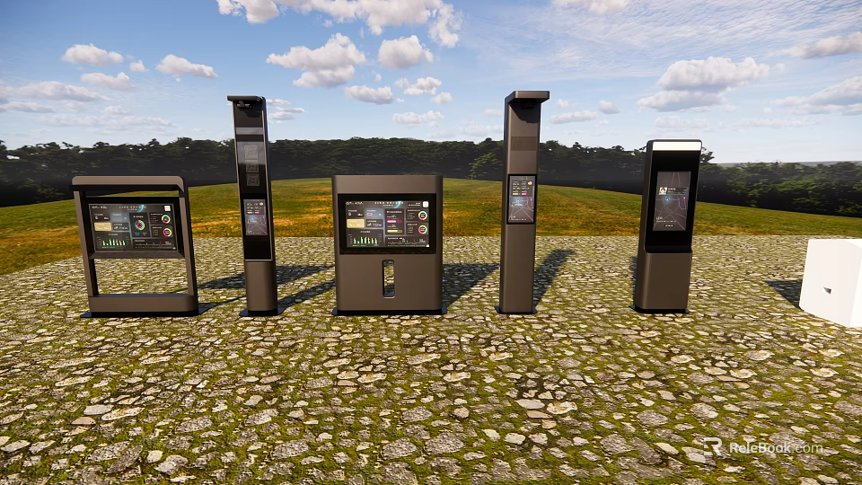 Industrial Equipment Units With Display Screens On Outdoor Gravel Ground 3d model 