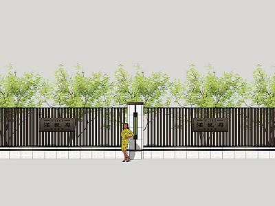Modern Building Exterior Wall With Black Slat Fence Green Plants And Entrance 3d model