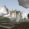 Modern Detached Villa With Concrete Structure Wooden Balcony Staircase Pool And Motorcycle Surrounded By Trees
