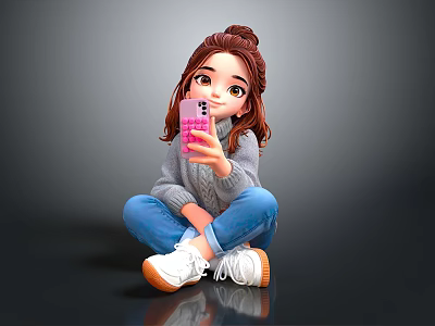 Woman With Bun Taking Selfie On Pink Phone In Gray Sweater Blue Jeans White Sneakers 3d model