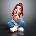 Woman With Bun Taking Selfie On Pink Phone In Gray Sweater Blue Jeans White Sneakers
