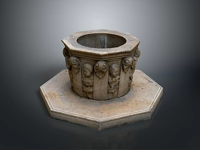 Ancient Stone Carved Vessel with Octagonal Base and Intricate Human Face Designs 3d model