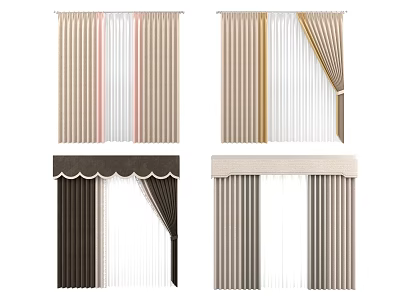 Stylish Striped Curtains with Scalloped and Straight Valance Designs for Home Decoration 3d model