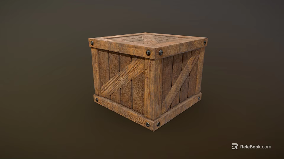 Rustic Wooden Box With Cross Reinforcement Strips And Metal Rivets 3d model 