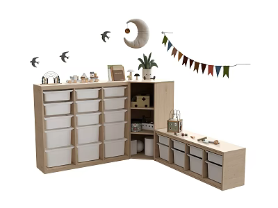 Wooden Storage Cabinets With Multiple Drawers Divided Compartments Small Decorations Potted Plant And Bunting Ornaments 3d model