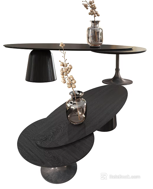 Black Layered Wooden Coffee Table With Oval Top Metal Base And Decorative Vase 3d model 