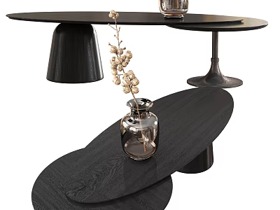 Black Layered Wooden Coffee Table With Oval Top Metal Base And Decorative Vase 3d model