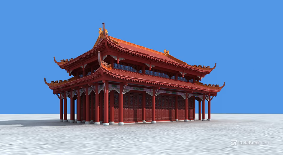 Traditional Ancient Chinese Architecture With Red Orange Roof Eaves And Wooden Pillars 3d model 