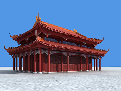 Traditional Ancient Chinese Architecture With Red Orange Roof Eaves And Wooden Pillars 3d model