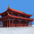 Traditional Ancient Chinese Architecture With Red Orange Roof Eaves And Wooden Pillars