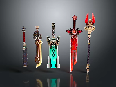 Detailed Colorful Pixel Style Fantasy Weapons With Glowing Effects And Unique Designs 3d model