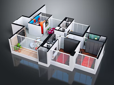 Modern House Floor Plan With Living Room Kitchen Bedroom Furniture Glass Partitions And Colorful Decor 3d model