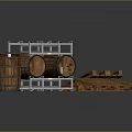 Wooden Wine Barrels On Metal Rack With Pallets And Storage