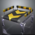 Modern Bench With Yellow Black Striped Armrests And V Shaped Pattern Seat On Metal Frame