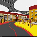 Specialty Store Interior with Red and Yellow Decor Shelves Filled with Products and Seating Area