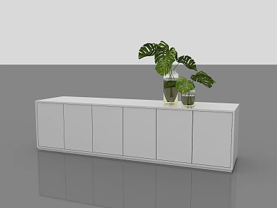 White Entryway Console Sideboard Cabinet With Modern Sleek Design And Green Leafy Plants 3d model