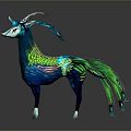 Fantasy Mythical Creature With Blue Body Green Feathers And Decorative Antlers