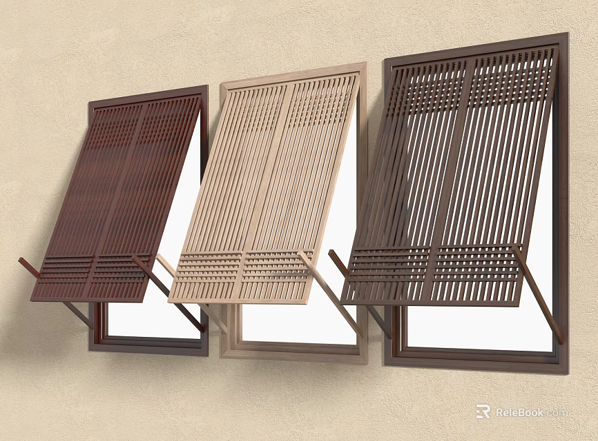 Three Different Colored Wooden Shutters Mounted On Beige Wall With Decorative Slats 3d model 