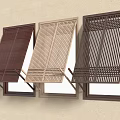 Three Different Colored Wooden Shutters Mounted On Beige Wall With Decorative Slats