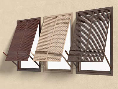 Three Different Colored Wooden Shutters Mounted On Beige Wall With Decorative Slats 3d model