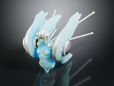 Light Blue Fantasy Character With Winged Structure Golden Accents And Antennae 3D Art Design 3d model