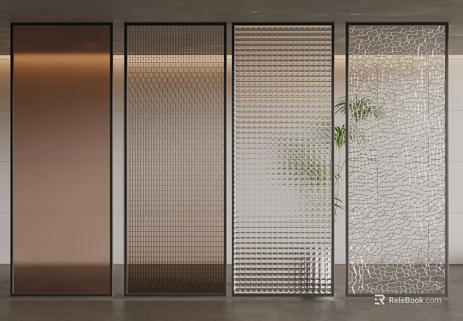 Modern Partition Screens With Textured Glass Mesh And Wavy Patterns And Green Plant 3d model 