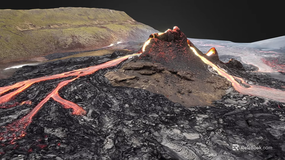 Volcanic Terrain With Active Volcano Flowing Lava And Black Ground Surrounding Green Hills 3d model 