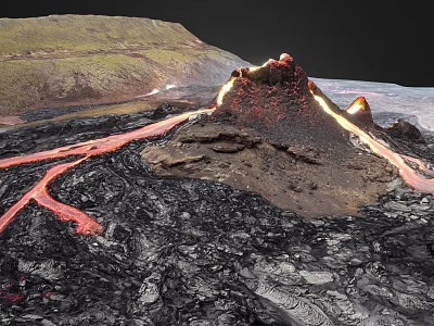 Volcanic Terrain With Active Volcano Flowing Lava And Black Ground Surrounding Green Hills 3d model