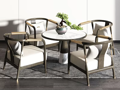 Modern Table and Chair Set with Round Marble Top and White Cushioned Seats 3d model