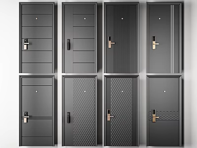 Modern Black Security Doors With Various Textured Panels And Stylish Handles 3d model