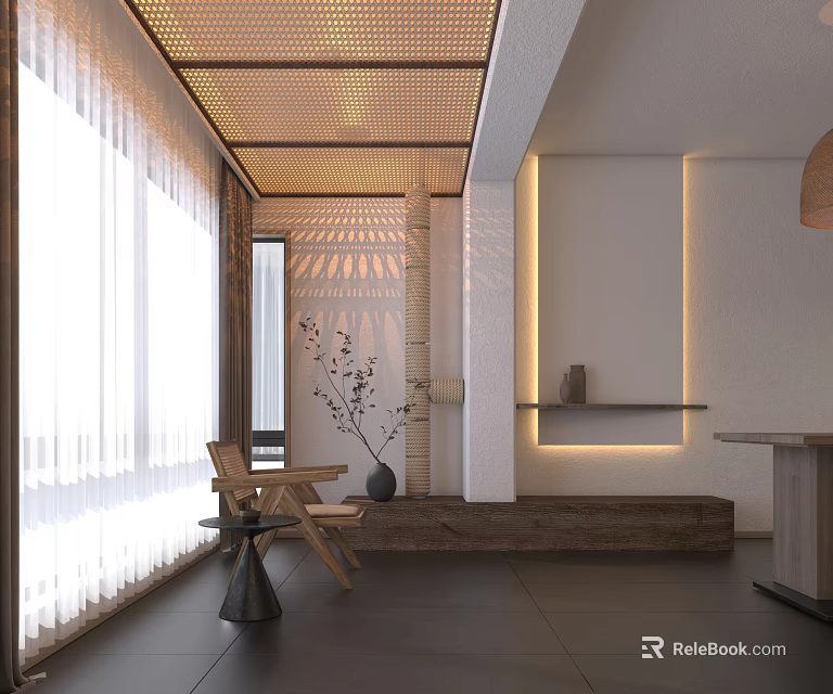 Contemporary Indoor Space Interior With Wooden Grid Ceiling White Curtains Stone Shelf And Warm Lighting 3d model 