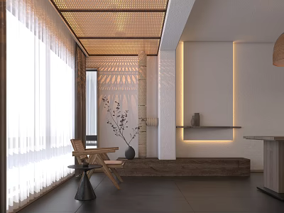 Contemporary Indoor Space Interior With Wooden Grid Ceiling White Curtains Stone Shelf And Warm Lighting 3d model