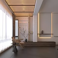 Contemporary Indoor Space Interior With Wooden Grid Ceiling White Curtains Stone Shelf And Warm Lighting