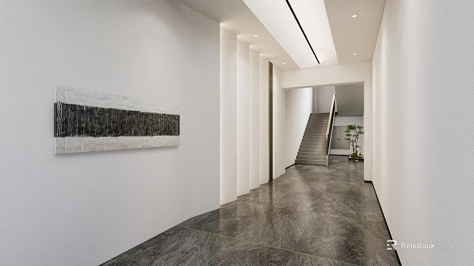 Modern Front Desk Reception Corridor With Marble Floor White Walls Staircase Greenery And Decorative Painting 3d model 