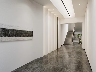Modern Front Desk Reception Corridor With Marble Floor White Walls Staircase Greenery And Decorative Painting 3d model